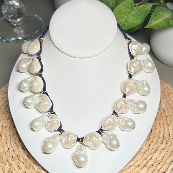 Talbots Vintage Faux Baroque Large Pearl Necklace on Navy Twisted Cord.